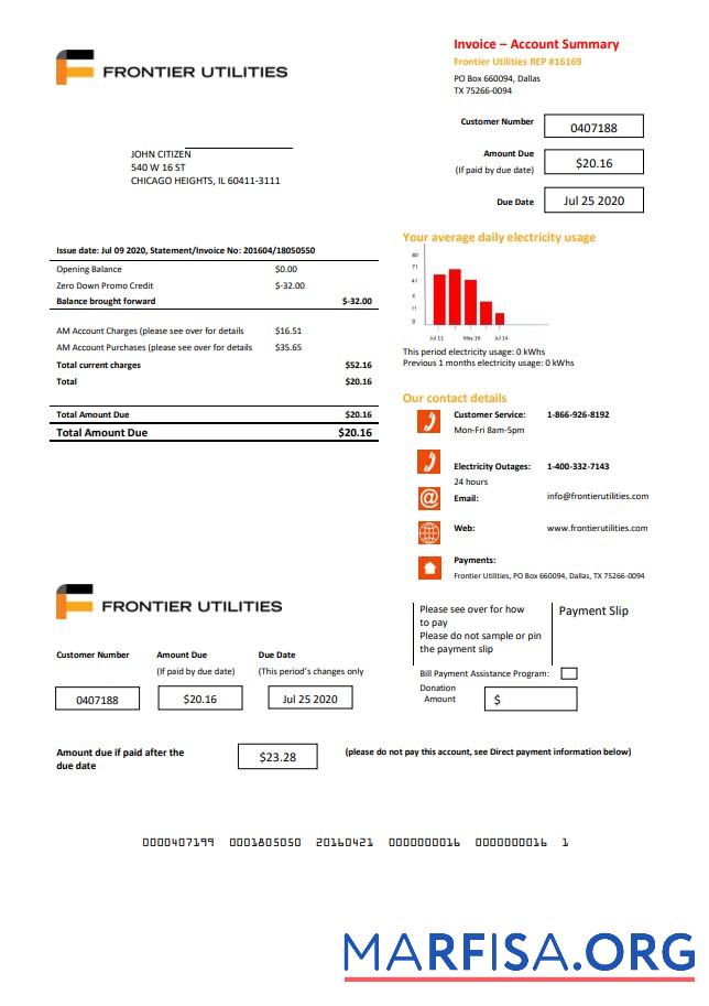 Blank USA Texas Frontier Utilities utility bill template in Word and PDF format